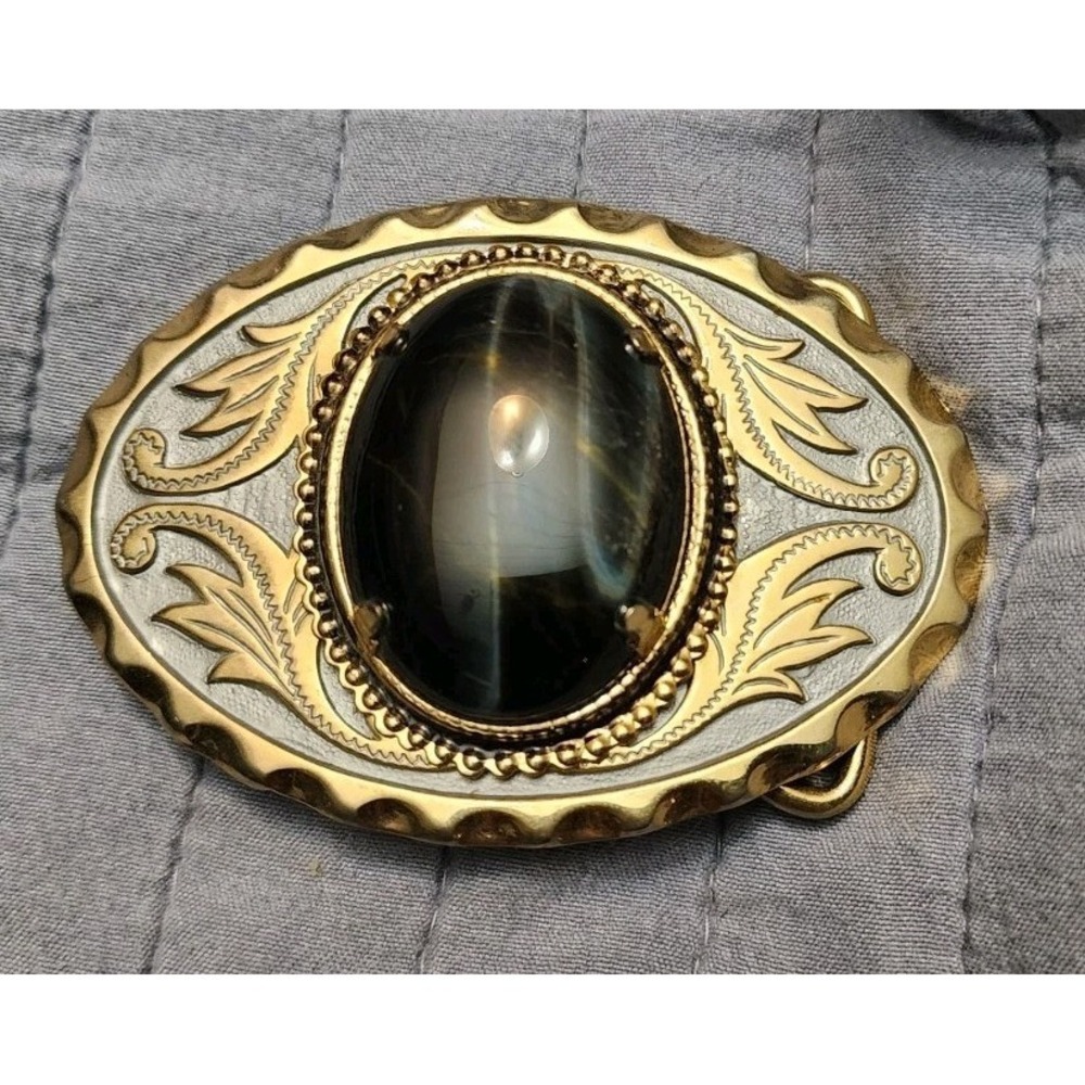 VINTAGE WESTERN STYLE TIGERS EYE OVAL  GOLD TONE BELT BUCKLE Scrolling Cowboy Gi